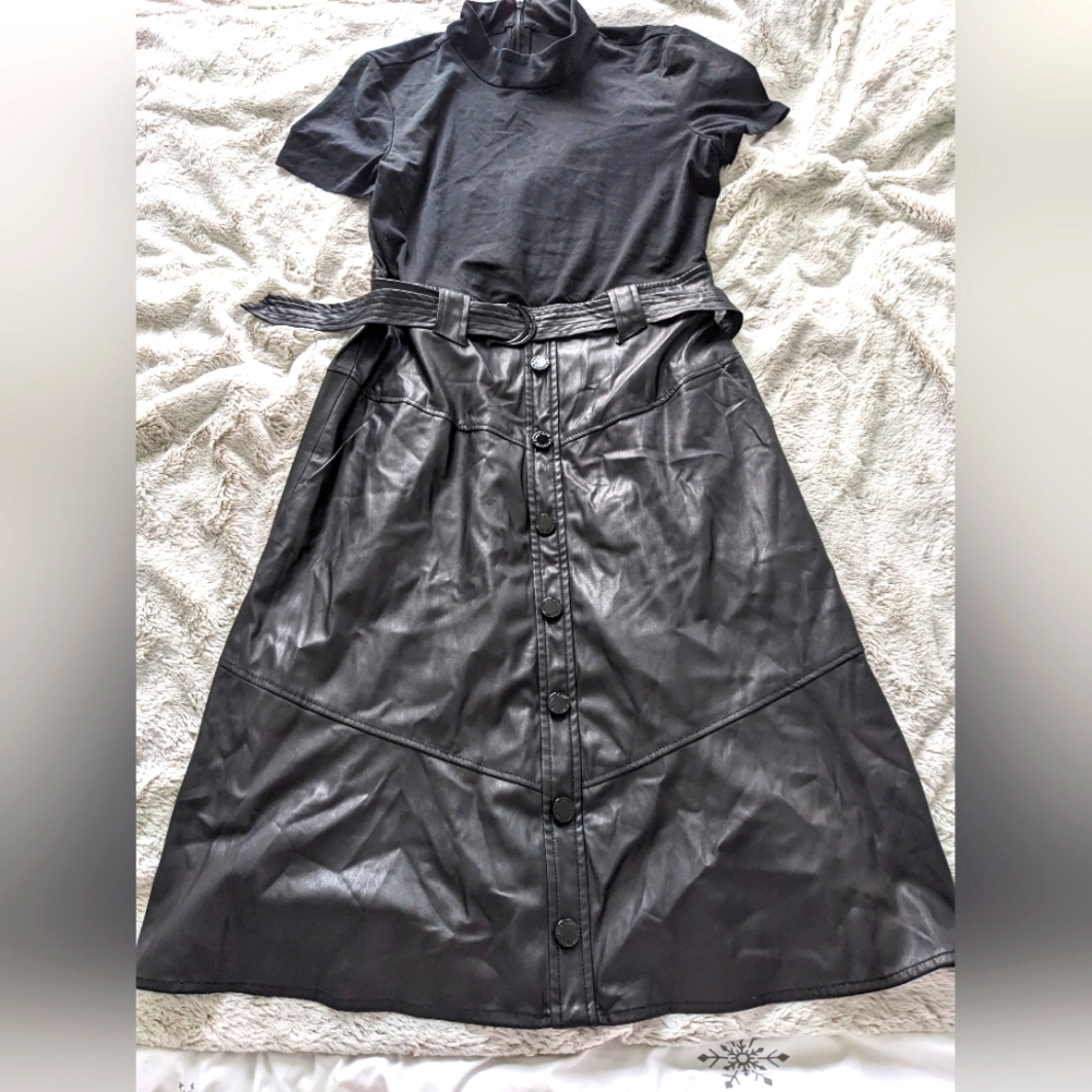 Karl Lagerfeld Women's Black Faux Leather Midi Dress with Belt - NWOT